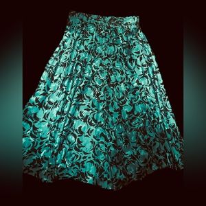 Vintage 1980s Maggy London Teal and Black 100% silk midi skirt.